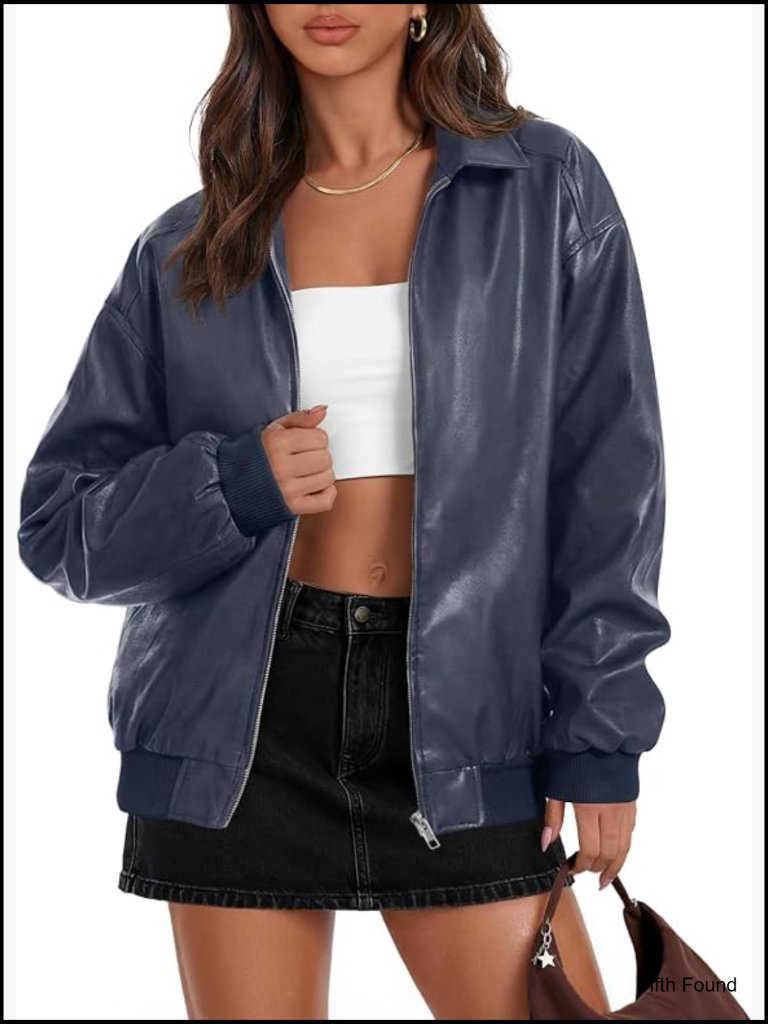 Oversized Faux Leather Zip Up Moto Jacket Women's Bomber Coat 2025 Fall Winter